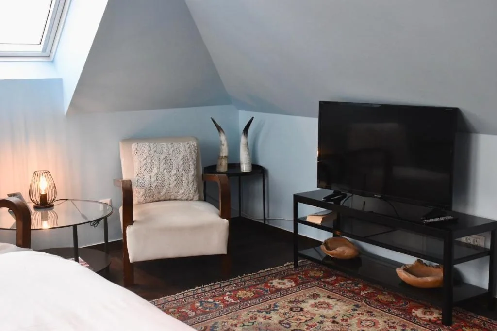 Penthouse sitting area with an armchair and television