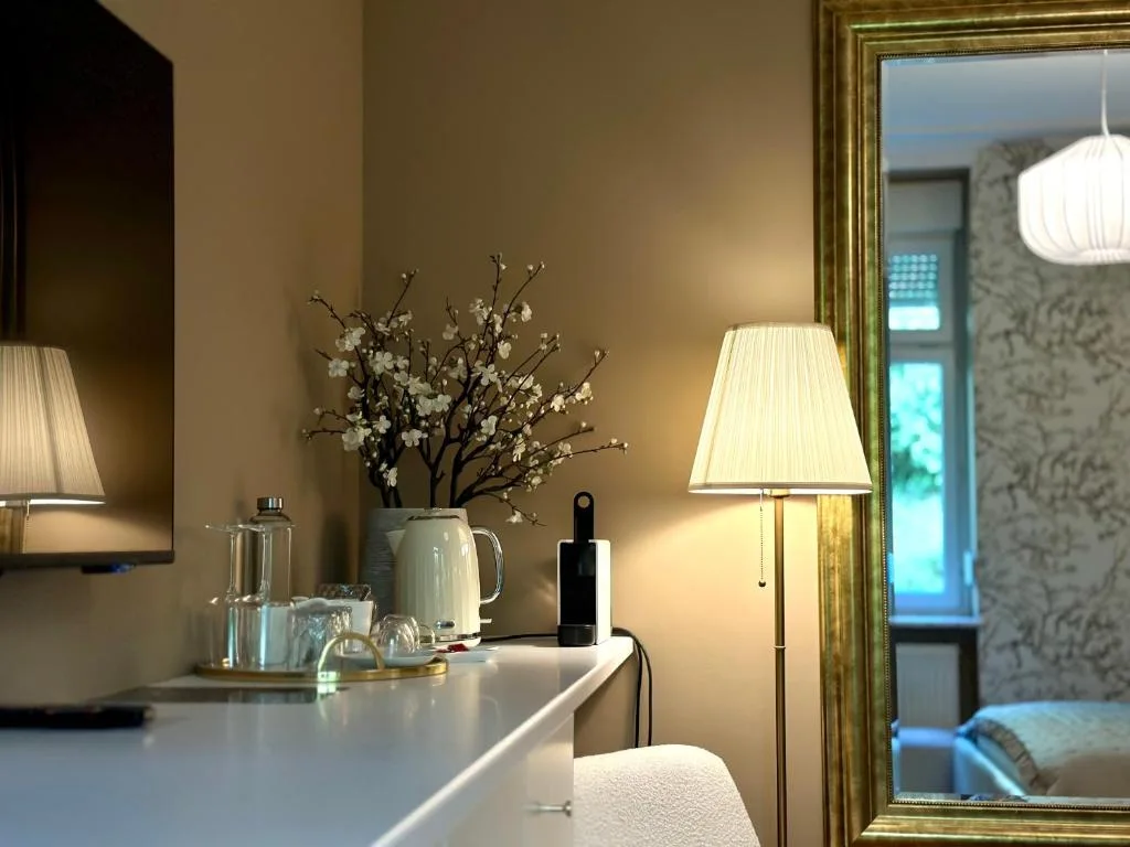 Coffee facilities and a gilt mirror in the Double Room