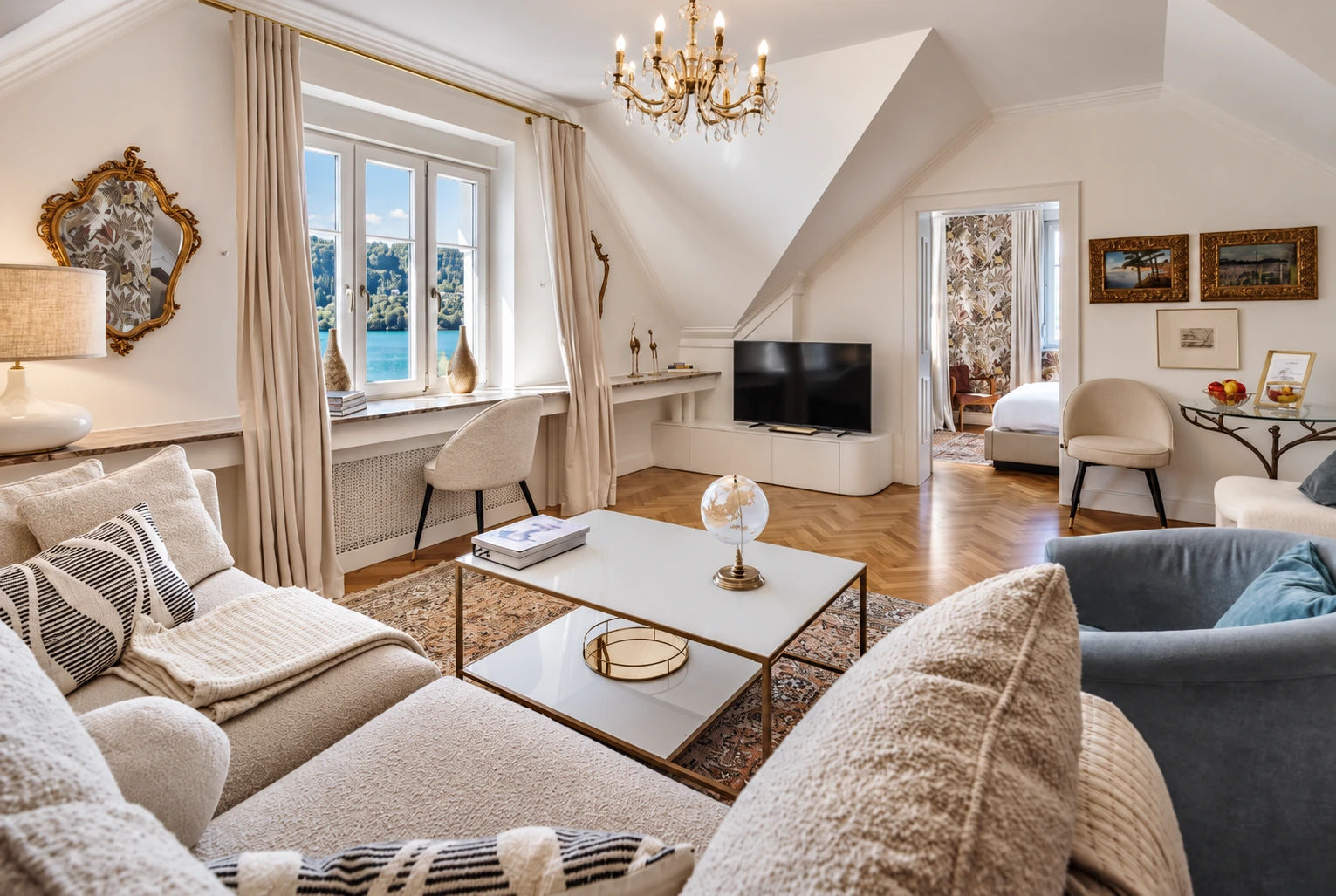 Superior Suite living room with a sofa and lake-facing window
